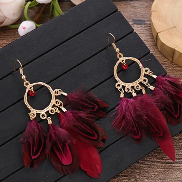 Boho Style Rice Beads Feather Earrings In Burgundy and Red Color - NWT - Picture 2 of 5
